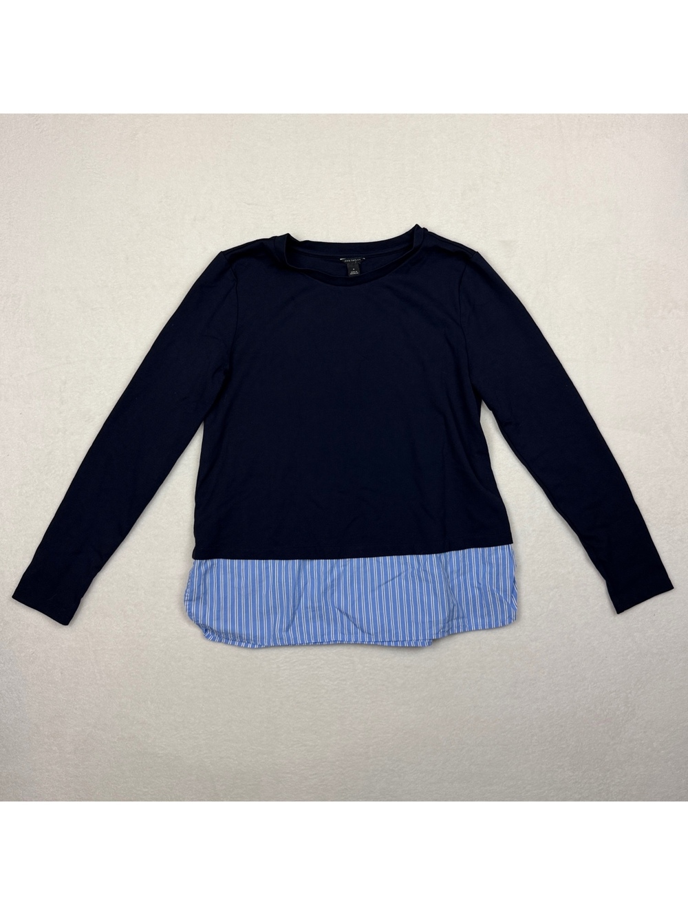 Ann Taylor Navy Blue Long Sleeve Top with Blue Striped Hem